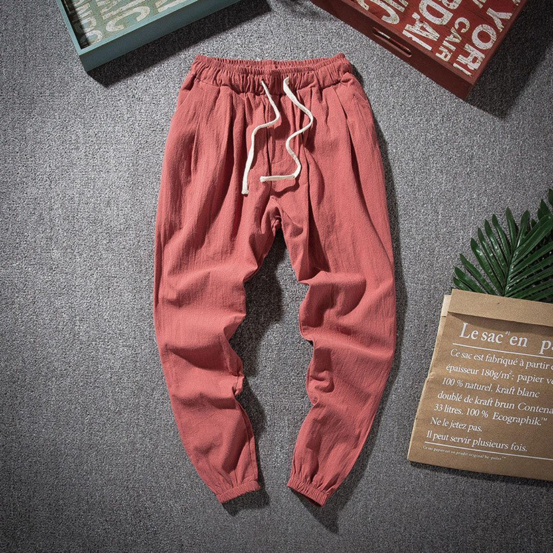 Men's beige linen joggers relaxed tailored fit lightweight breathable classic everyday style
