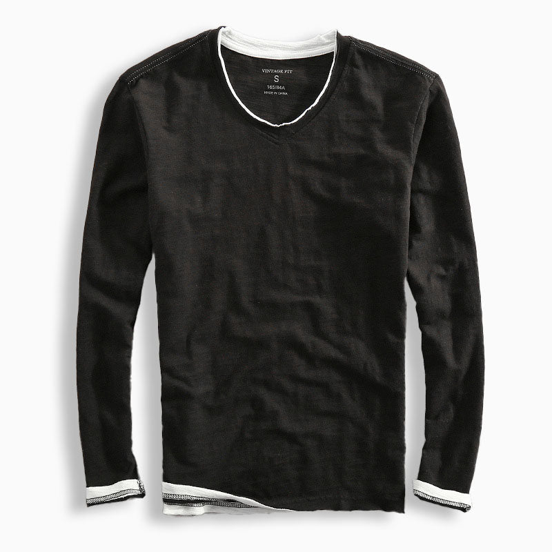 Men slim fit long sleeve V-neck t-shirt navy slub texture contrast trim everyday essential