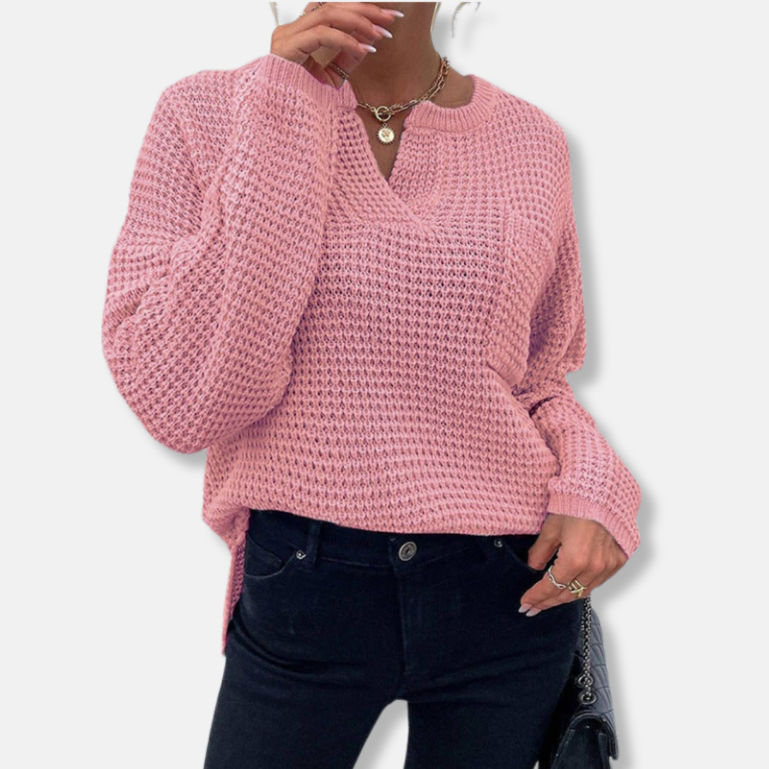 Women's relaxed-fit waffle knit sweater with notched round neck and long cuffed sleeves, cozy cotton blend