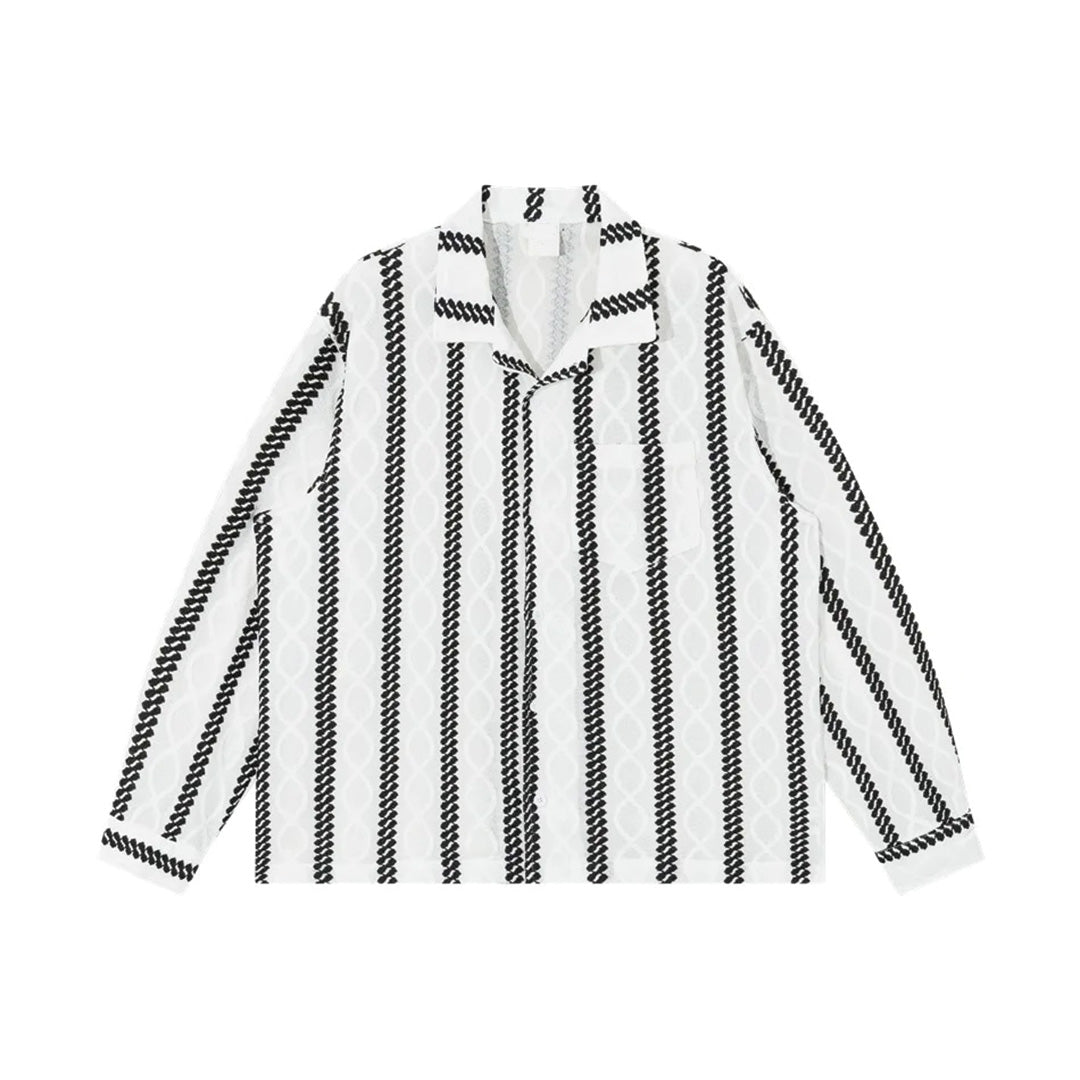 Men's monochrome jacquard stripe Cuban collar shirt relaxed fit subtle texture cotton fabric