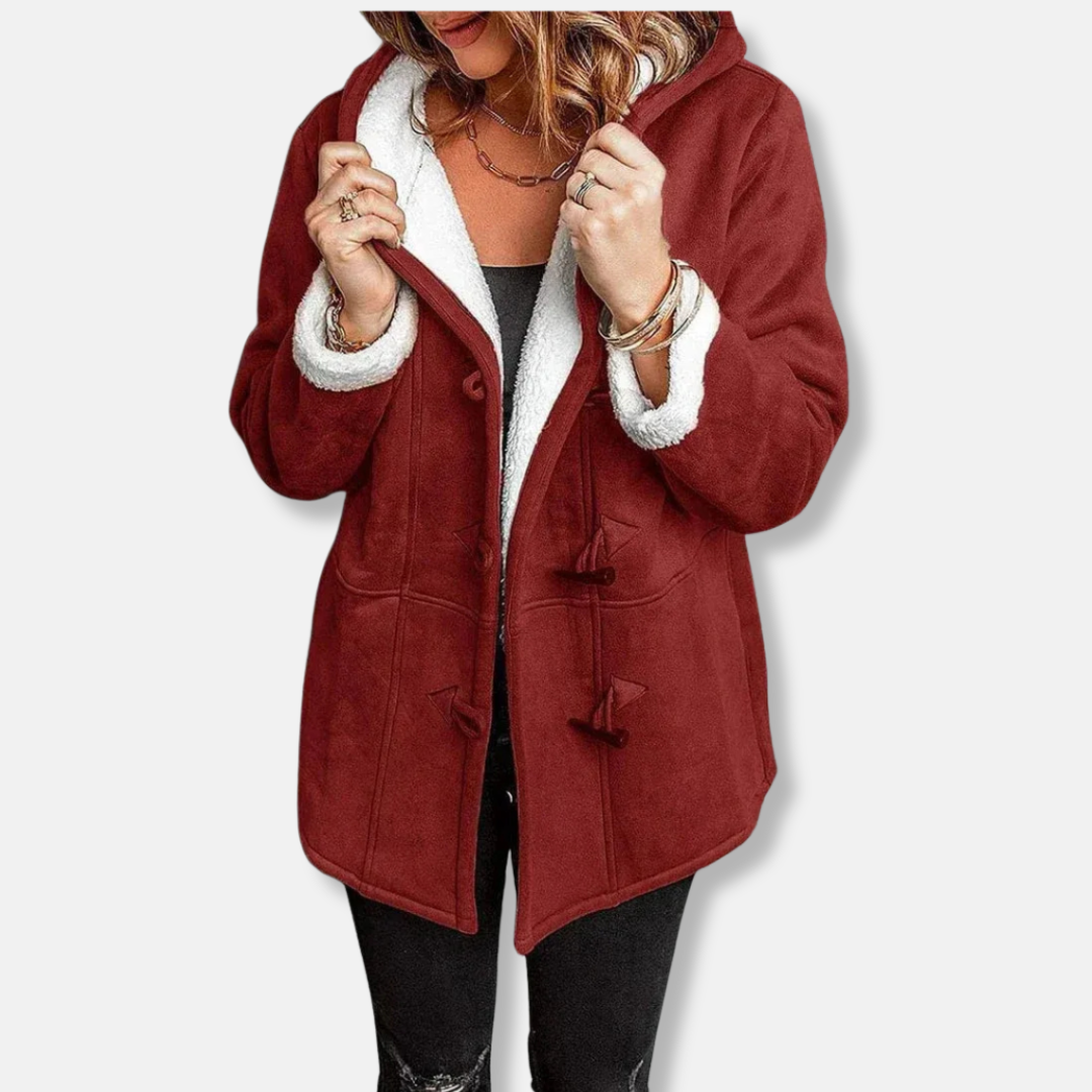 Women's fleece jacket with hood, toggle closure, relaxed mid-length cut for cozy transitional warmth