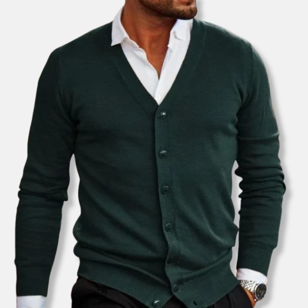 Men's wool v-neck cardigan in solid tone, regular fit with button front and ribbed texture
