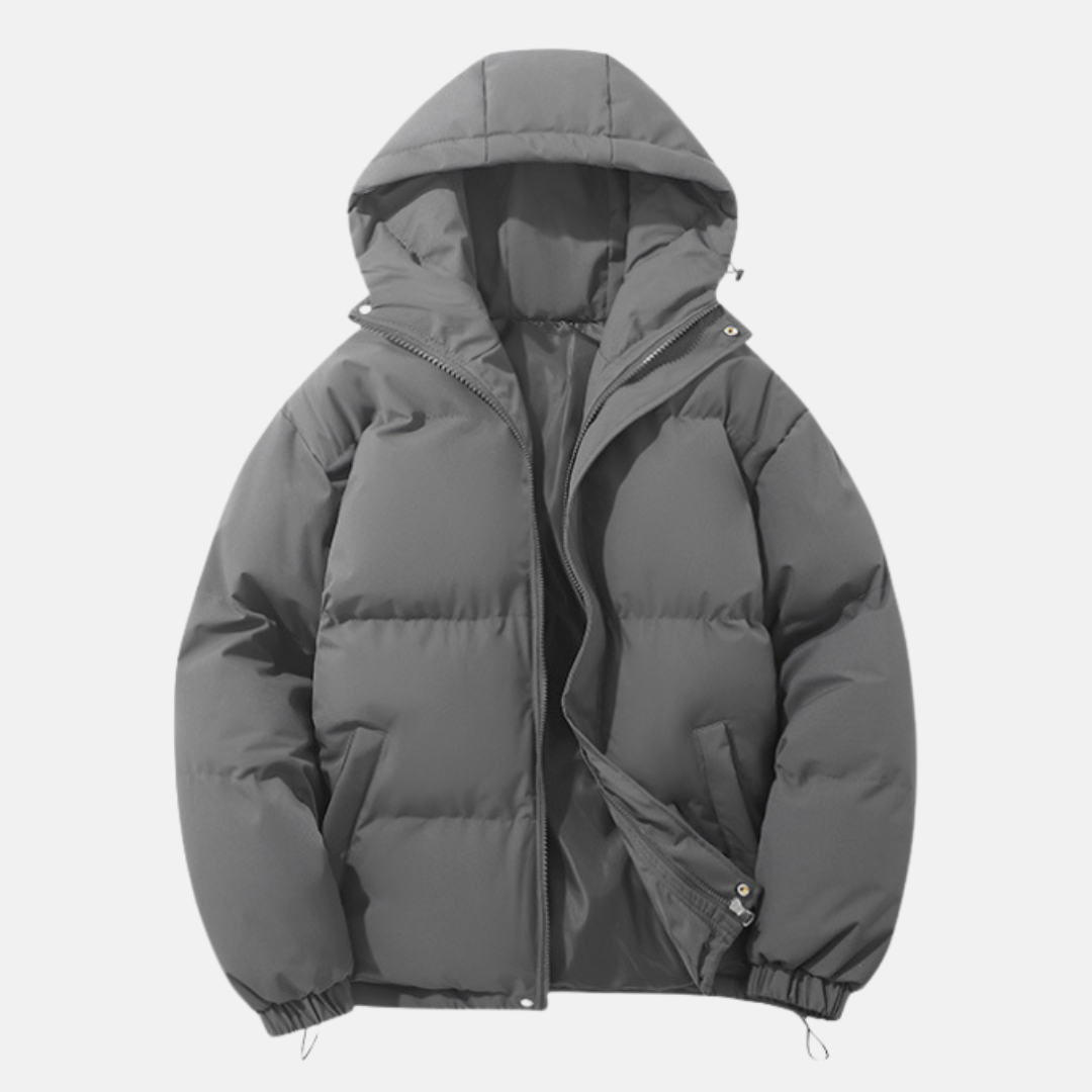 Men's insulated hip-length puffer coat with attached hood and elastic hem for urban cold-weather style