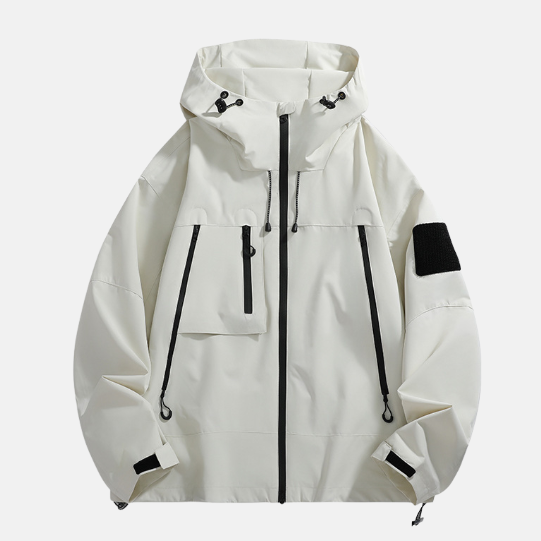 Men's waterproof relaxed-fit outdoor jacket with adjustable hood, durable water-resistant shell