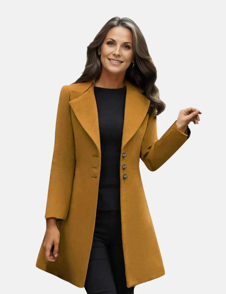 Women's knee-length tailored coat in classic tone, single-breasted button closure, wide lapels, polished fit