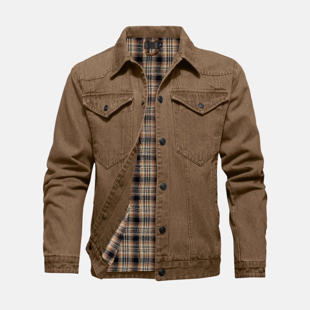 Men's relaxed hip-length blue denim jacket with warm flannel lining and chest pockets for casual layering