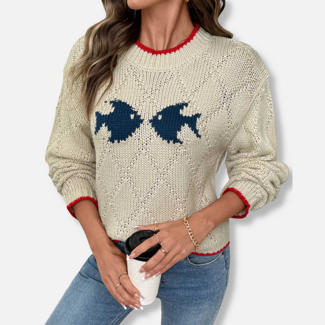 Women's relaxed-fit knit sweatshirt, round neck, long sleeves, textured chevron pattern