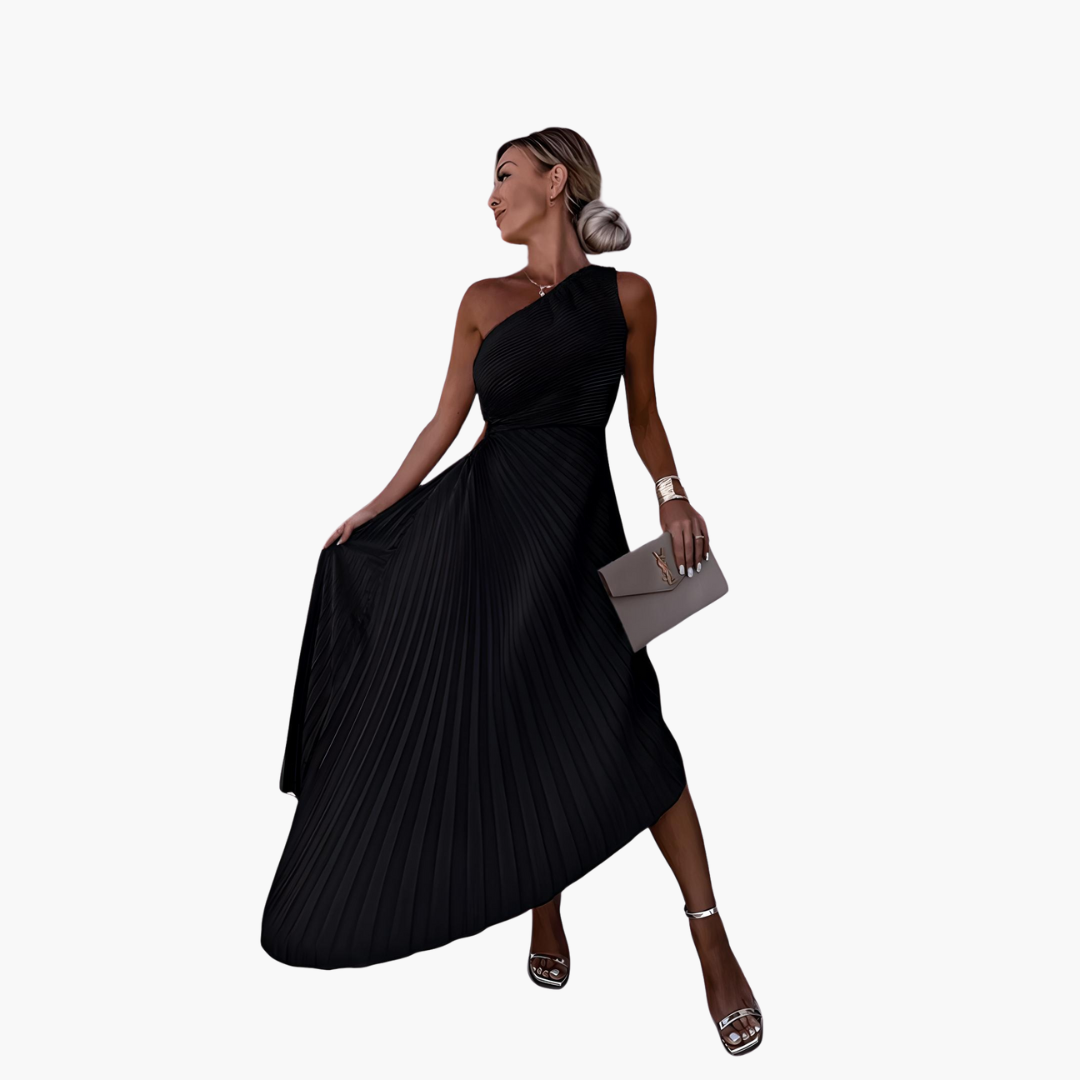 Women's one-shoulder ankle-length evening gown with elegant pleated skirt, sleeveless formal dress