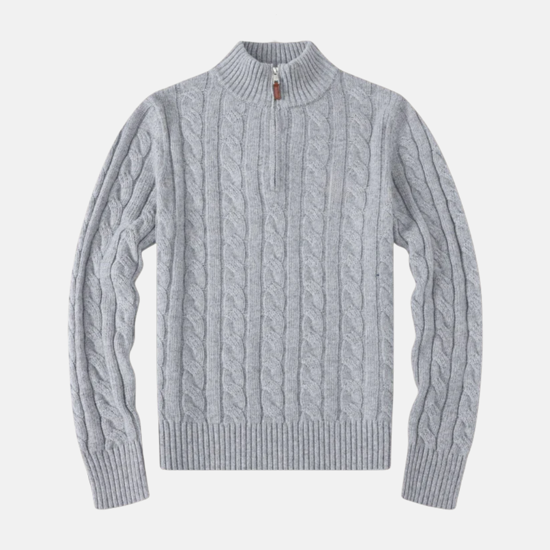 Men's cable knit cotton blend half-zip sweater with stand-up collar, smart casual style