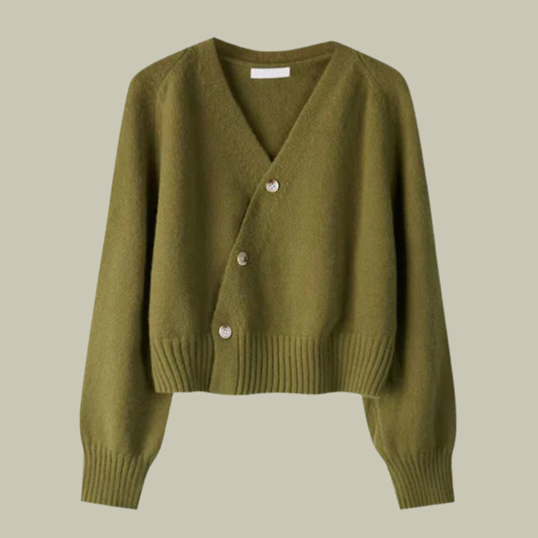 Women's Clara merino wool knit sweater, cozy minimalist V-neck long sleeve pullover in neutral tone