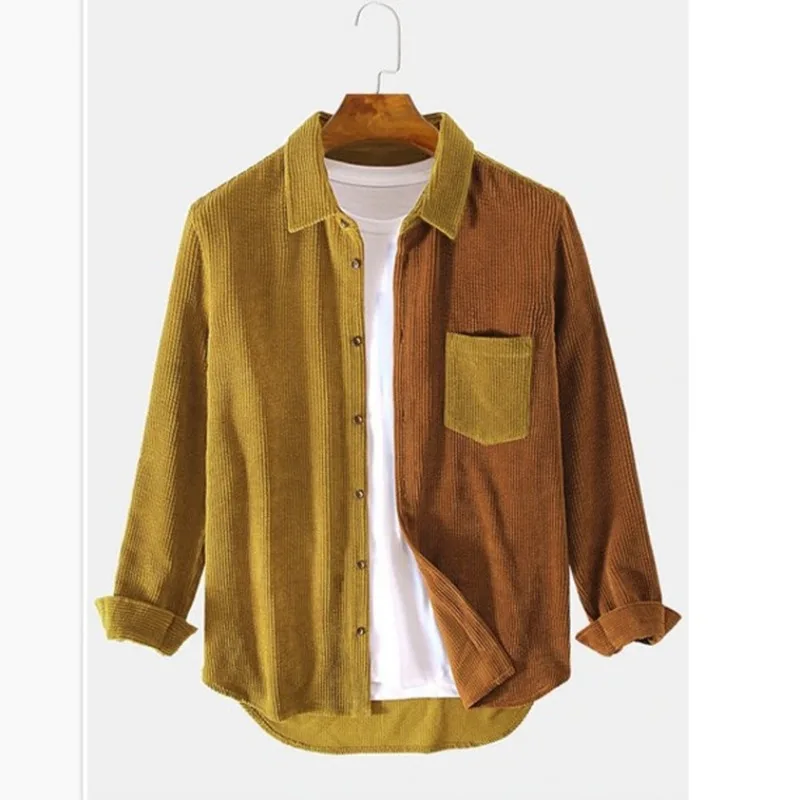 Men's two-tone color block corduroy button-up shirt relaxed fit with contrast splice detailing