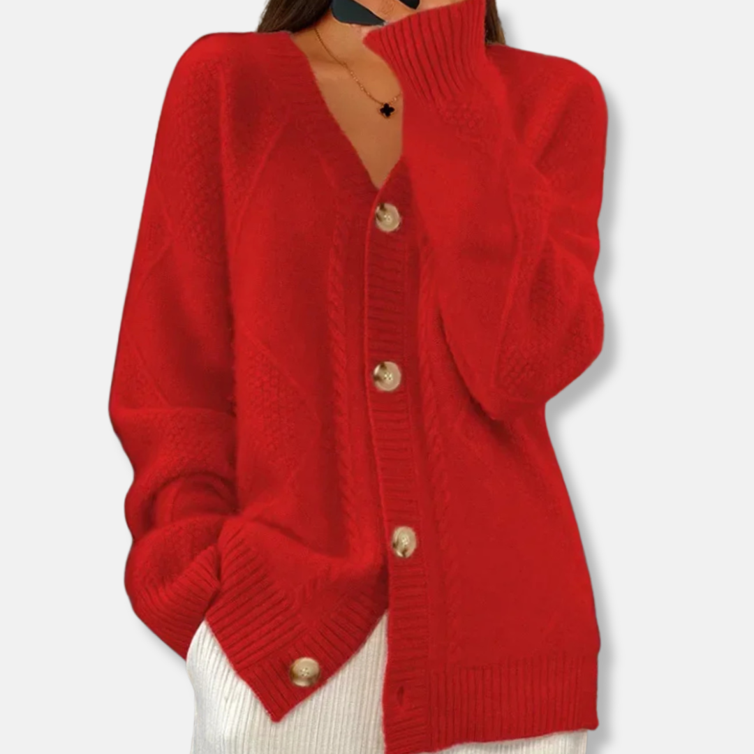 Women's cream cable knit relaxed fit cardigan with button front hip length cozy everyday layering