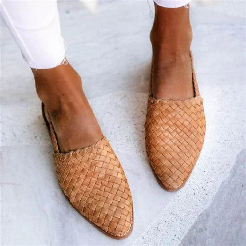 Women's slip-on loafers braided woven PU leather upper low heel comfortable everyday flats