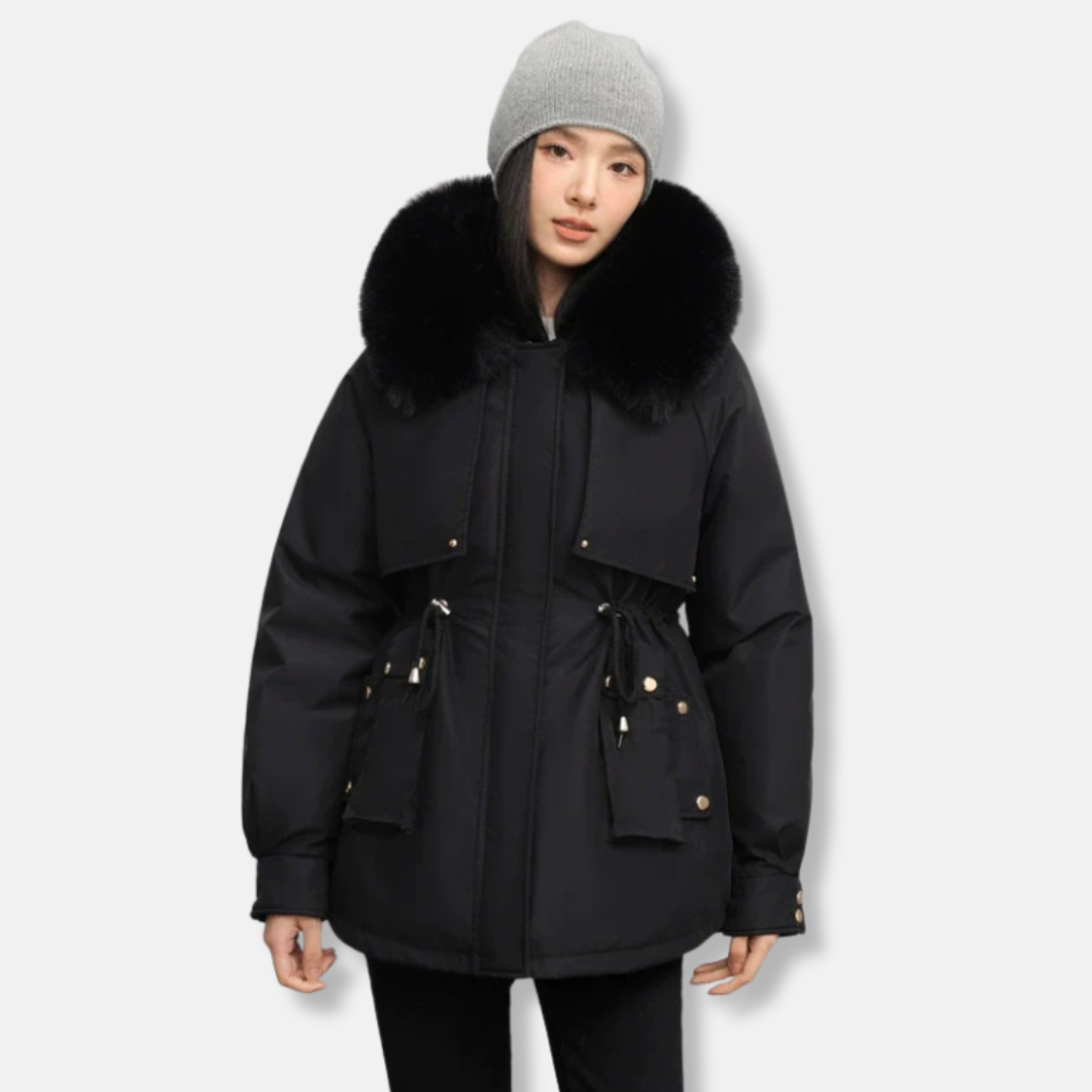 Women's weather-resistant parka jacket with faux fur collar, drawstring waist, mid-thigh length