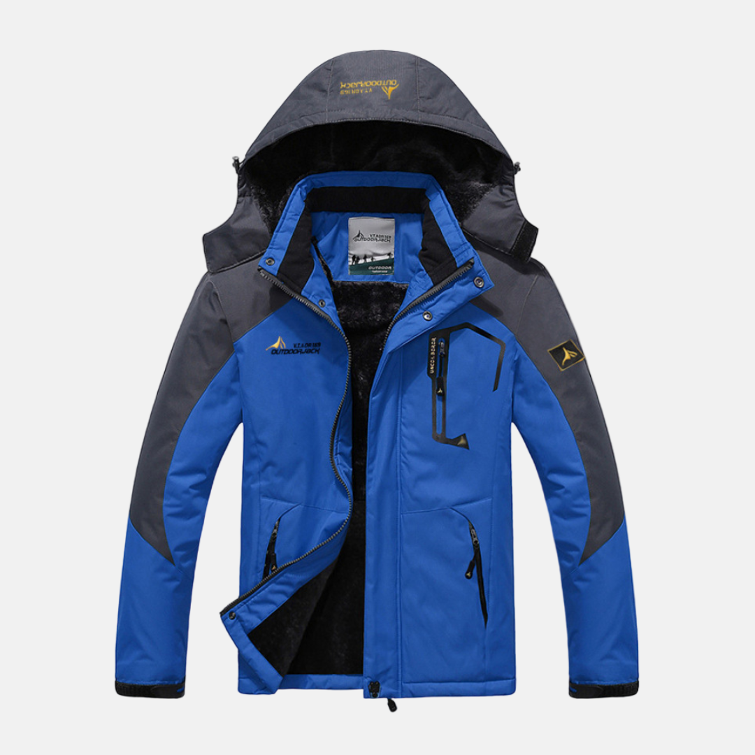 Men's hooded woven shell jacket with plush fleece lining, stand-up collar, outdoor winter style