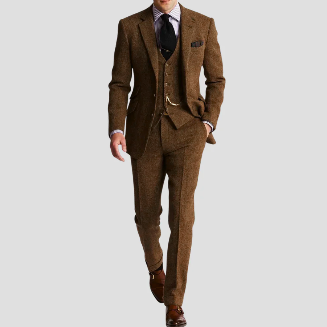 Men's vintage three-piece suit with blazer, waistcoat, and straight-cut trousers for formal events