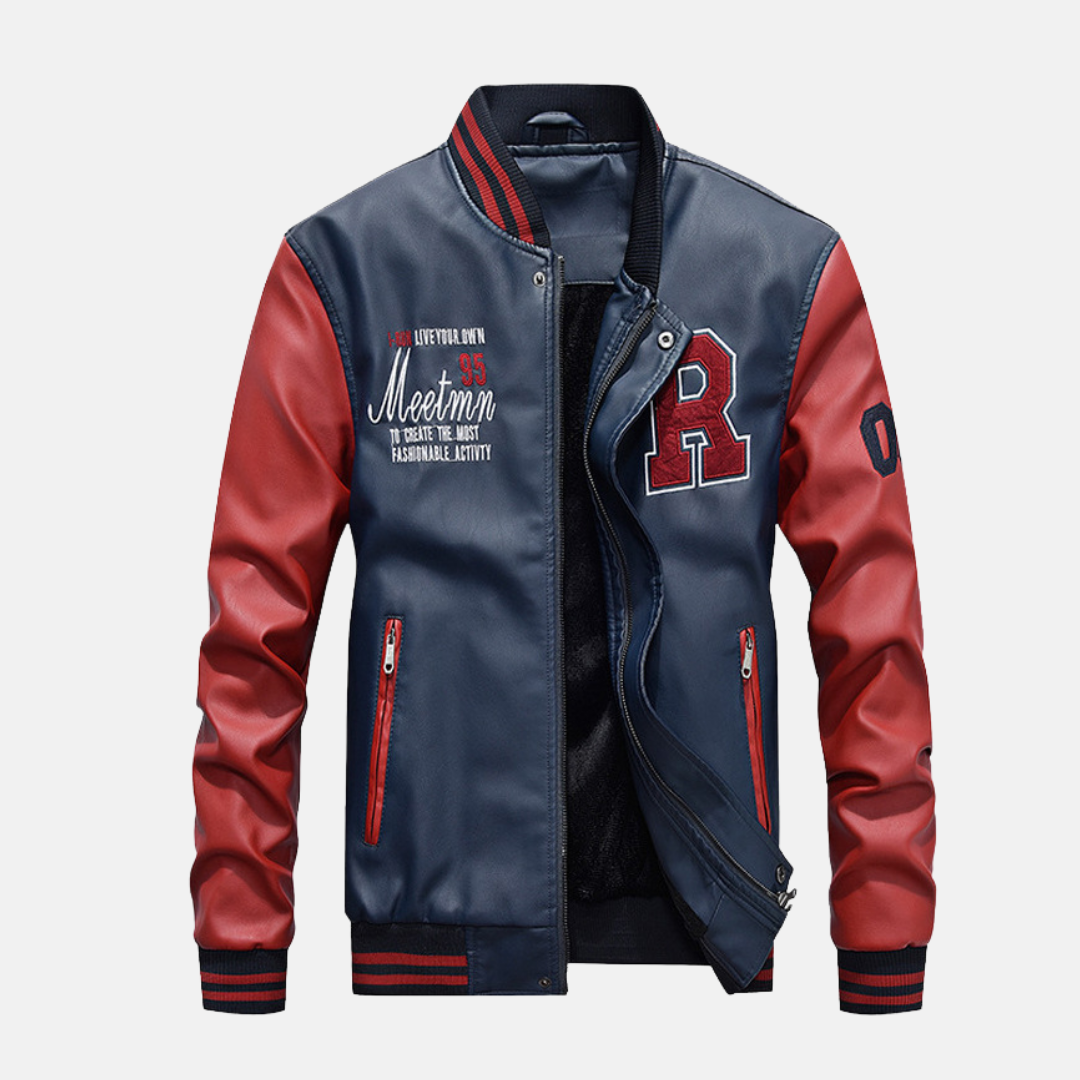 Men's black leather-look varsity baseball jacket with ribbed edges and snap closure streetwear style