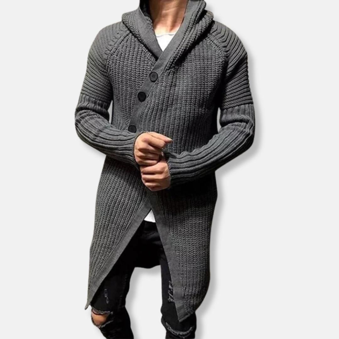 Men's wool blend longline hooded shawl collar cardigan relaxed fit chunky knit cold-weather layering