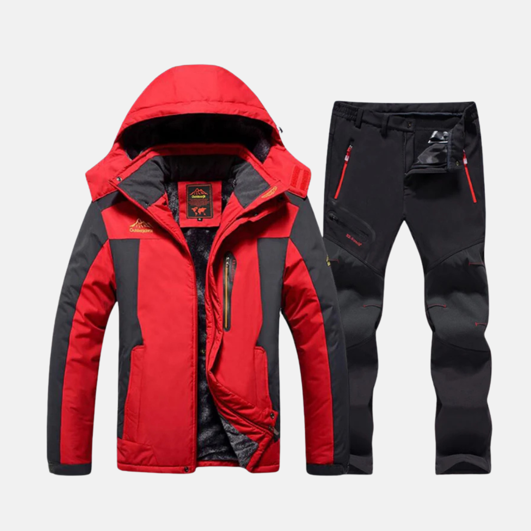 Men's two-piece outdoor jacket set with woven shell, fleece lining, and contrast panel design