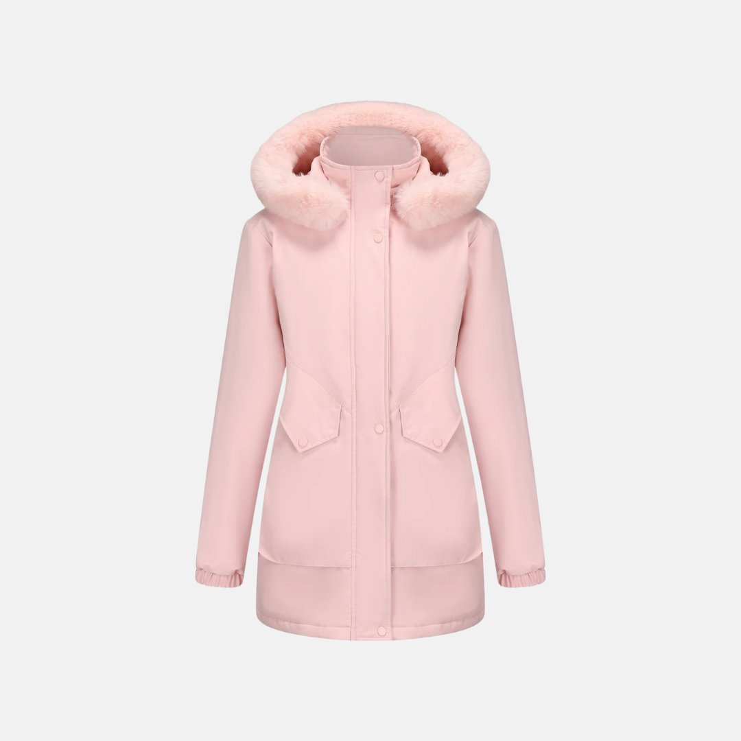 Women's mid-length parka jacket with faux fur hood, adjustable waist, and snap closure for cold weather