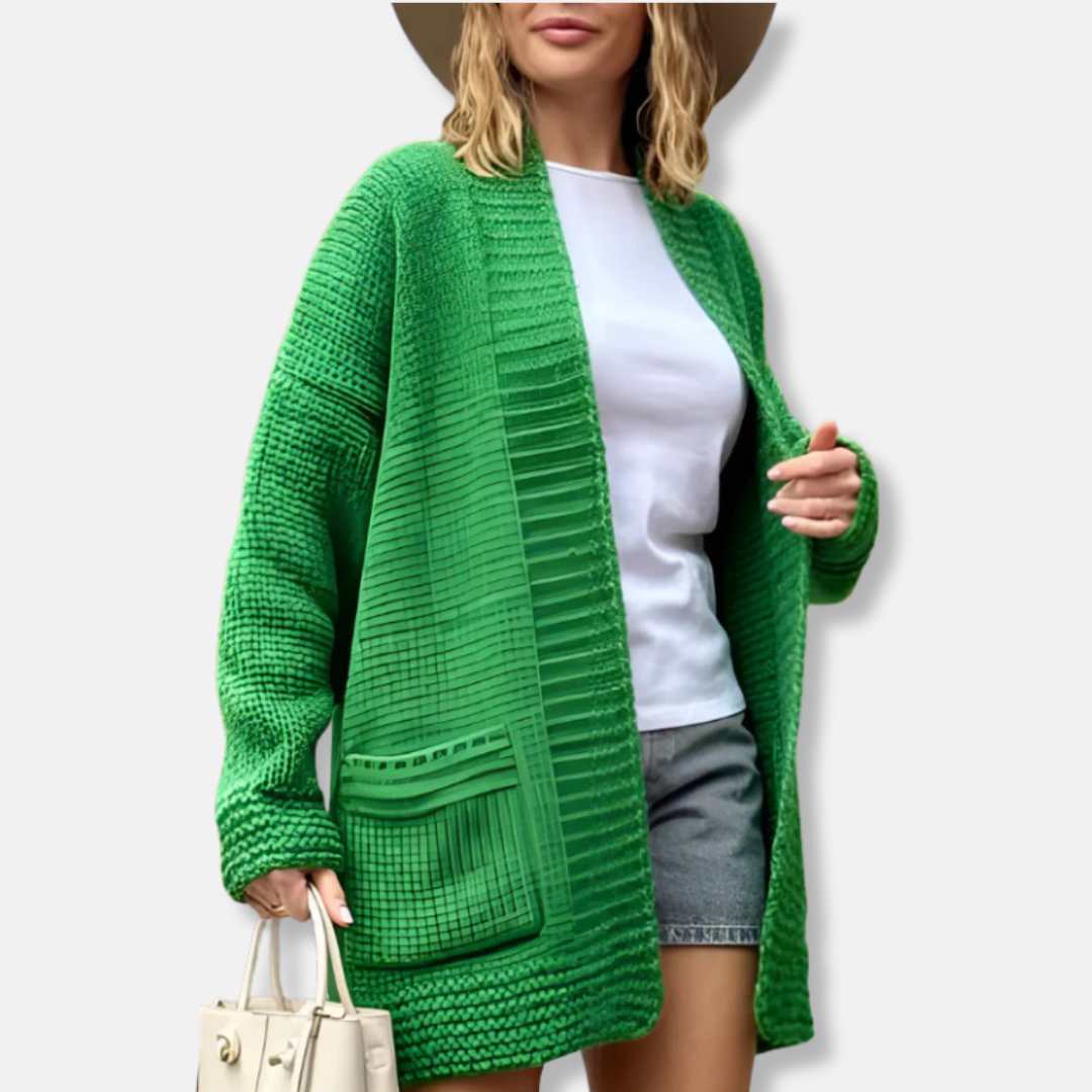 Women's oversized open-front knit cardigan cozy long-line layering piece for effortless autumn style