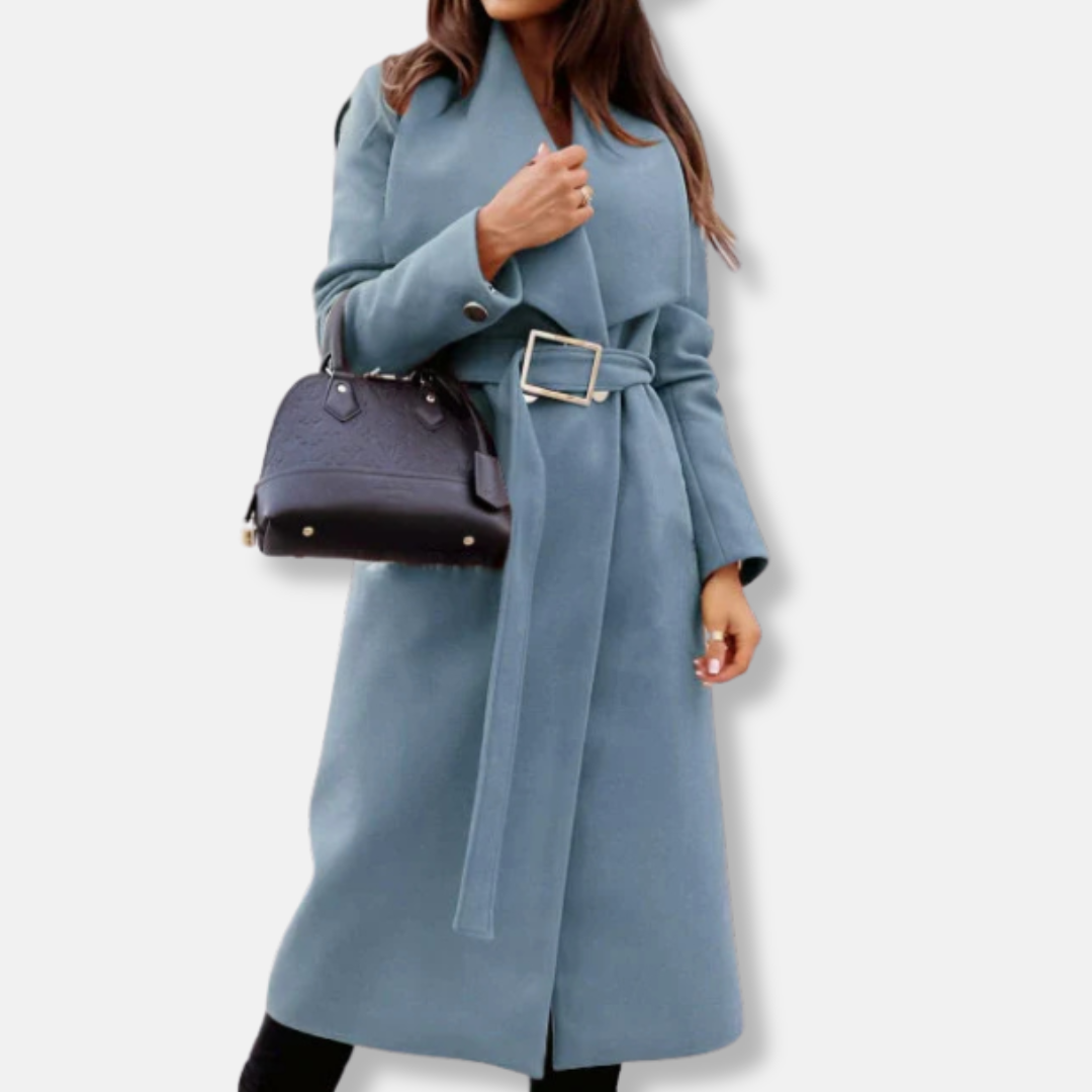 Women's longline coat draped lapels belted waist gold buckle tailored relaxed silhouette