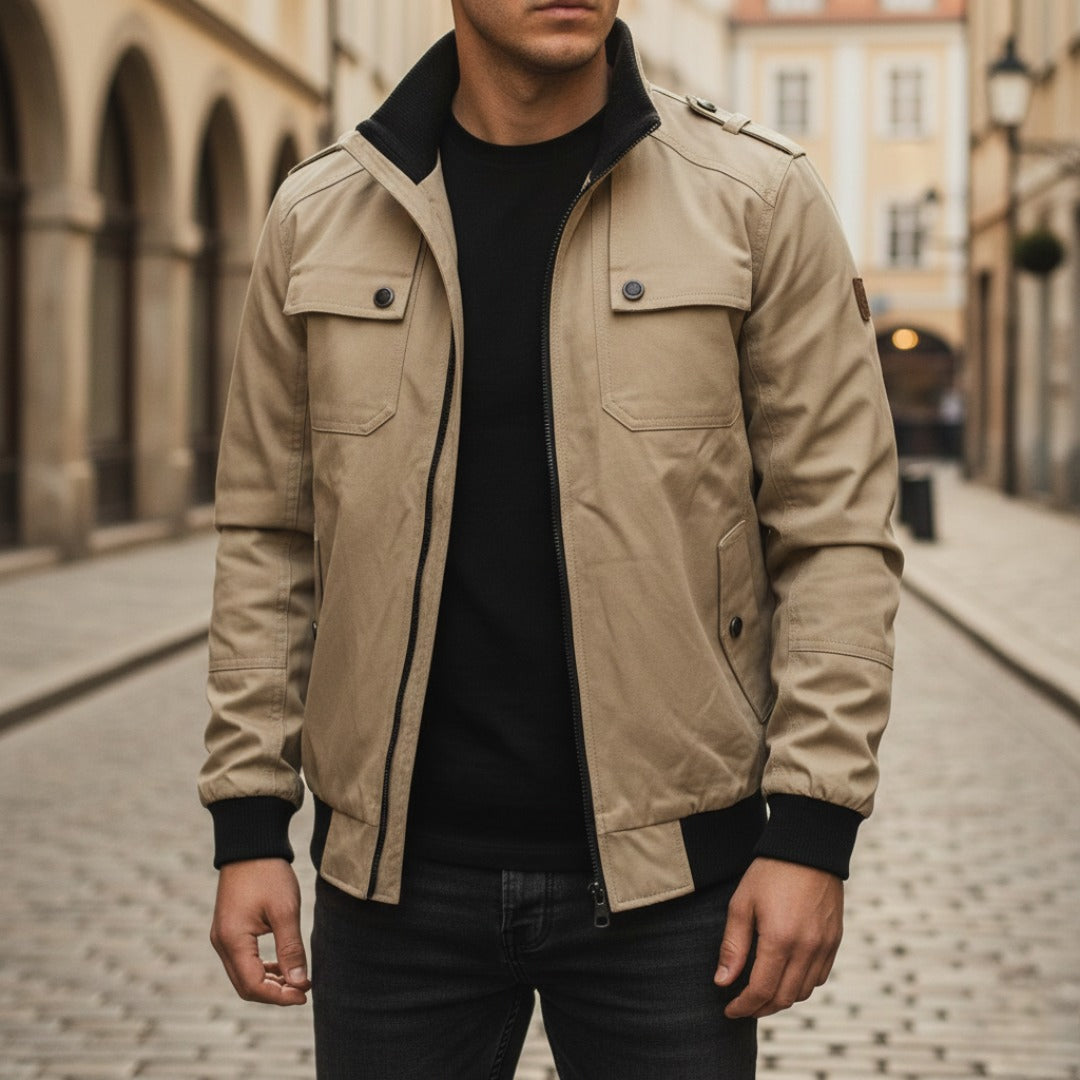 Men's windproof bomber jacket with full zipper in bold colors, casual modern fit for everyday outerwear