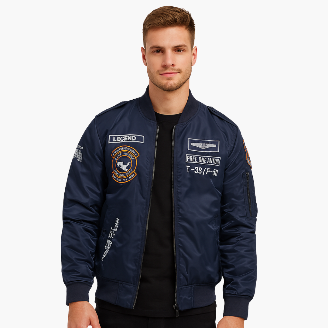 Men's black pilot bomber jacket with embroidery, ribbed cuffs and collar, full-zip classic flight style