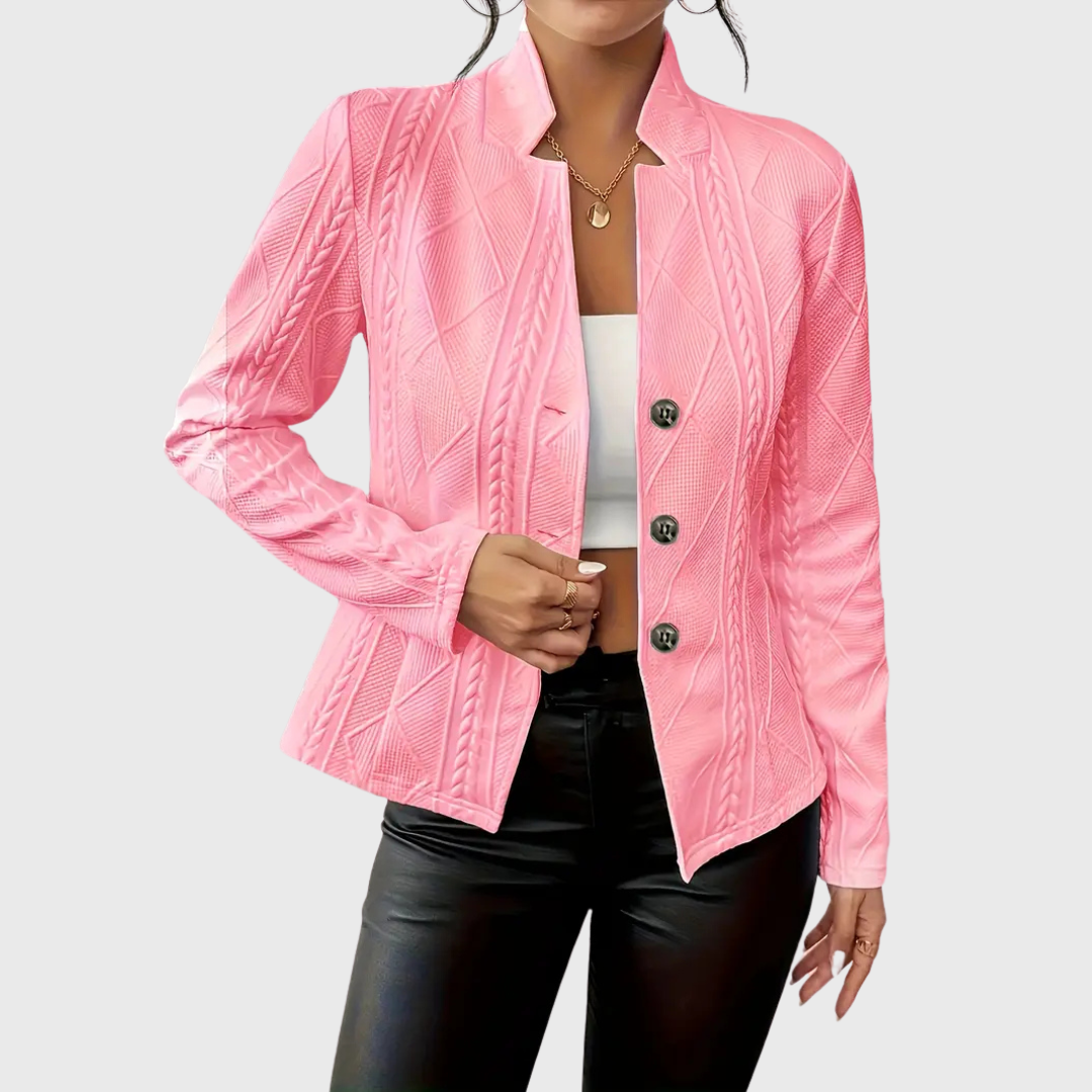Women's slim-fit structured blazer in neutral tone, tailored silhouette with refined textured fabric
