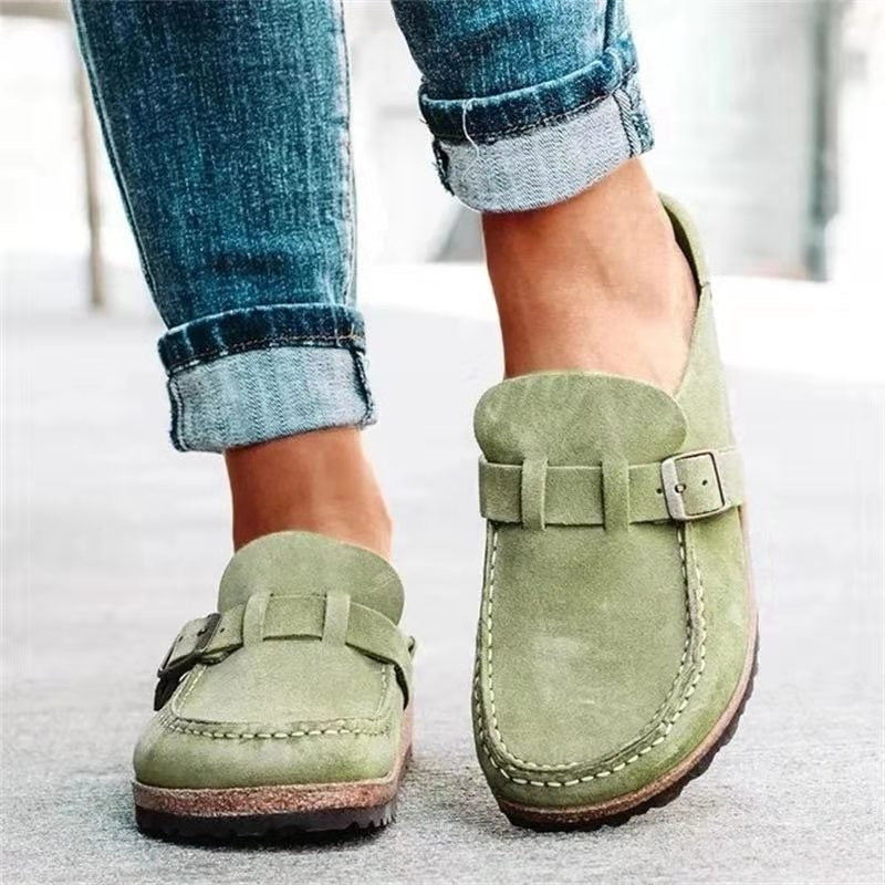 Beige suede orthopedic slip-on shoes with adjustable buckle strap and ergonomic support sole