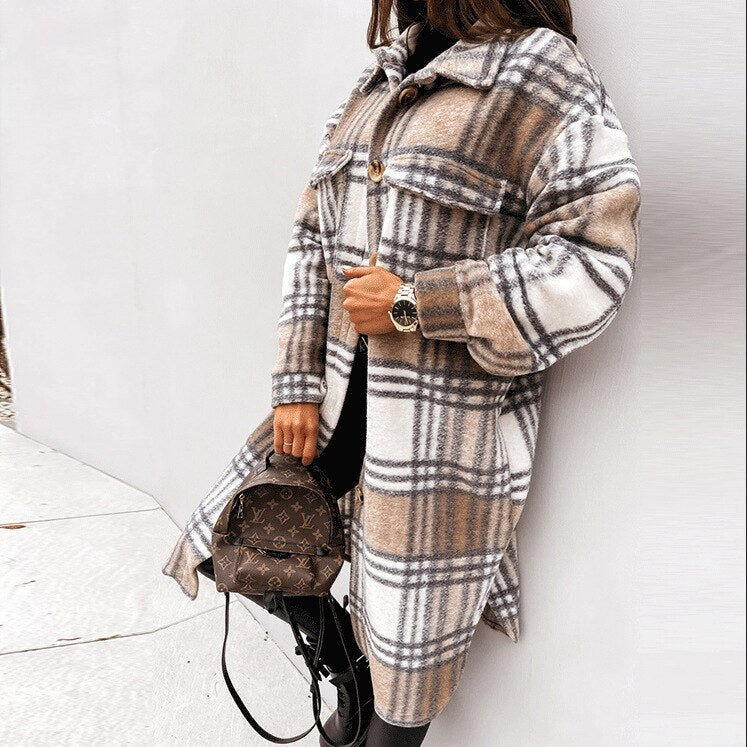 Women's long wool coat classic checked pattern button closure warm longline silhouette