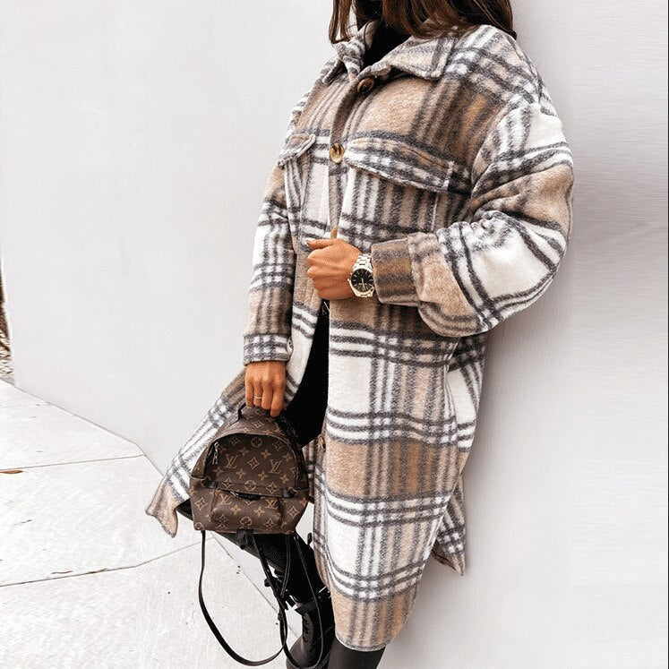 Women's long wool coat classic checked pattern button closure warm longline silhouette