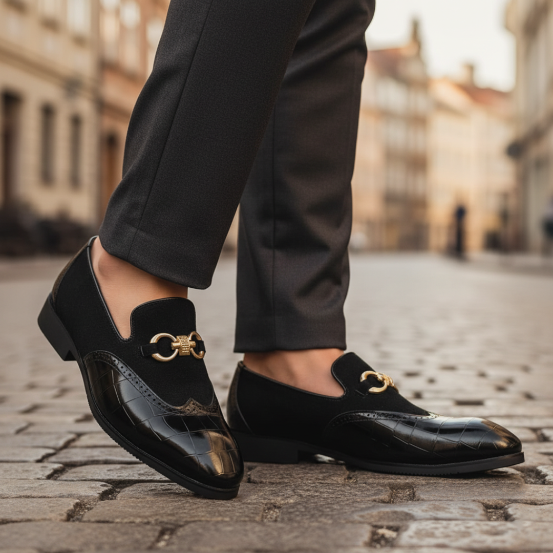 Men's leather suede moccasins with decorative metal clamp, non-slip sole, lightweight formal loafers