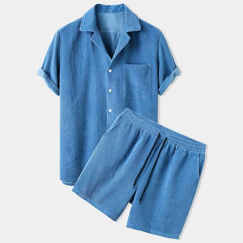 Kids light beige corduroy two-piece set matching shirt and shorts for sunny days