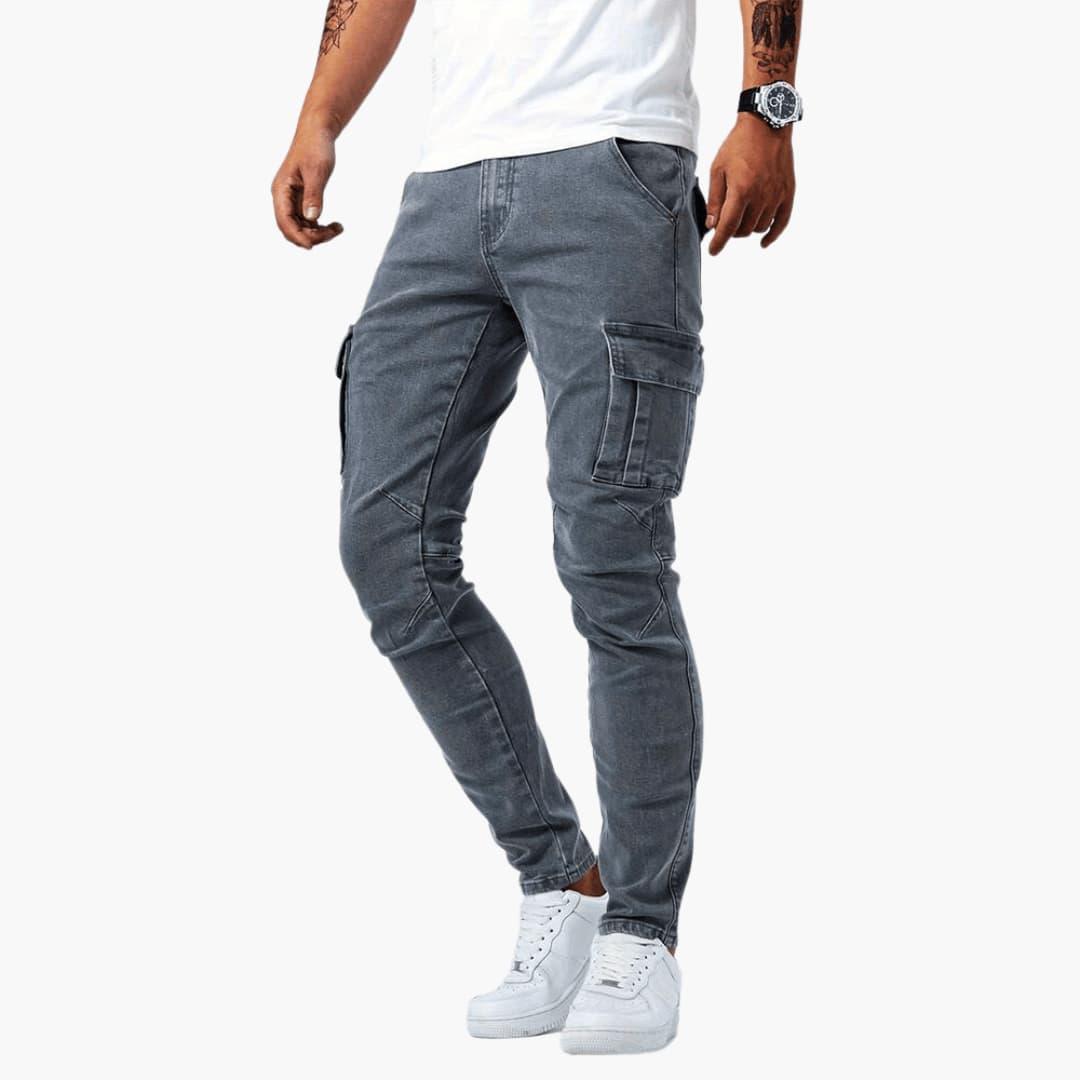 Men's stretch cargo jeans straight-leg fit with large side cargo pockets for active everyday wear