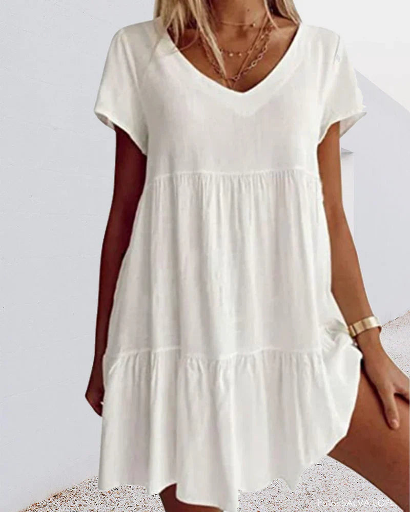 Women's casual cotton blend summer dress with short sleeves and ruffle details, lightweight feminine style