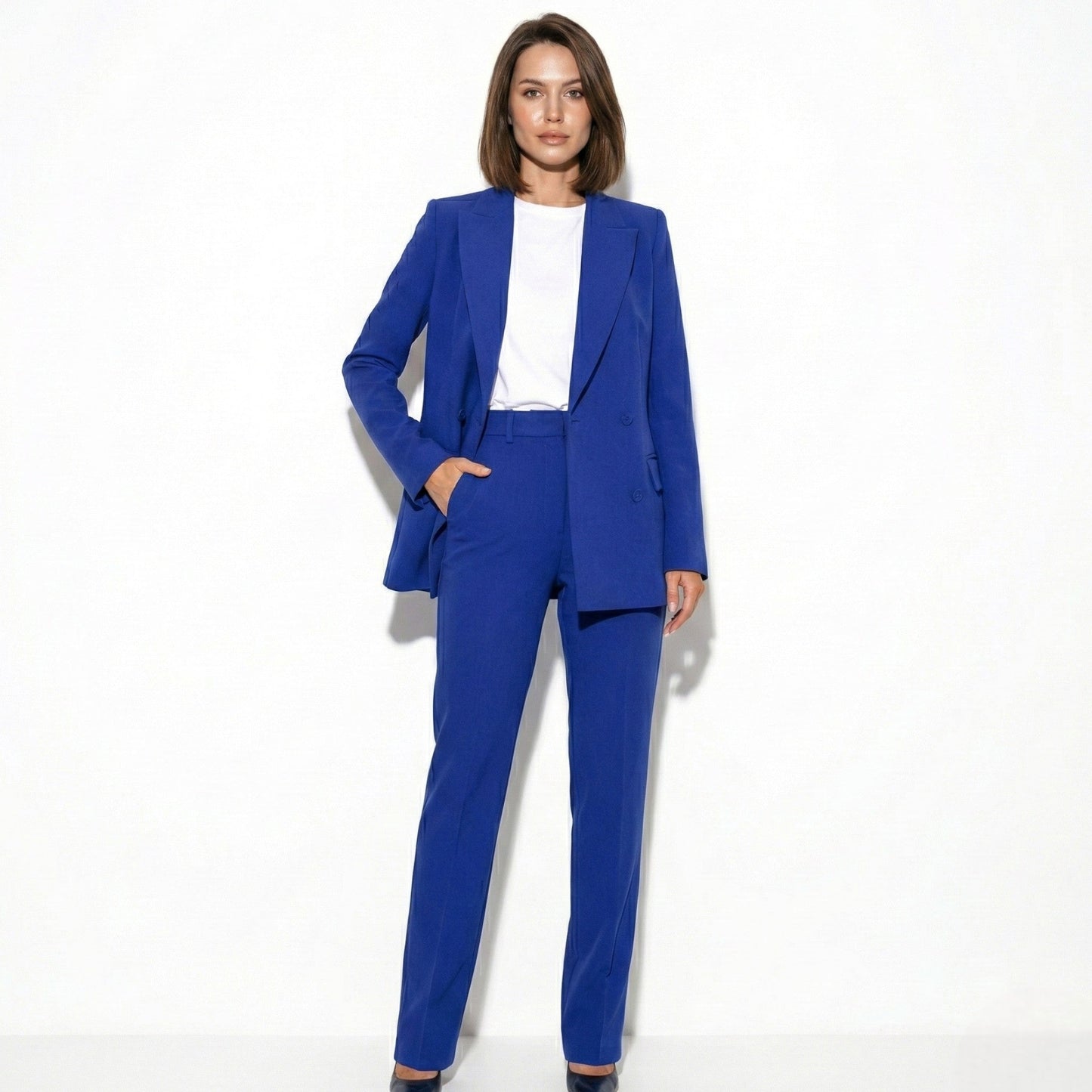 Women's tailored blazer and slim trouser two-piece set in premium soft fabric for versatile work styling
