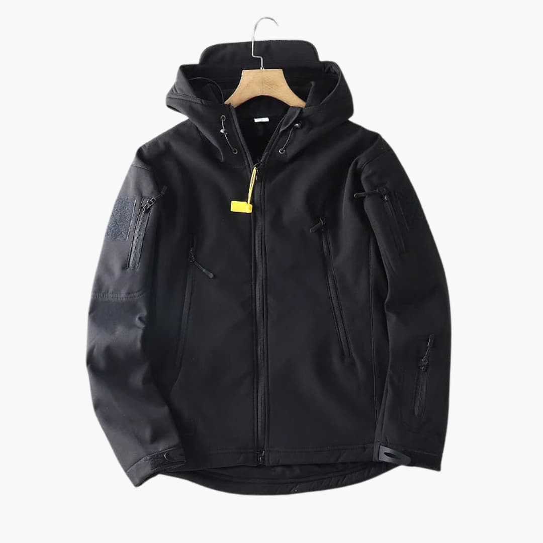 Men's softshell hooded jacket with zippered arm pockets, slim fit, windproof outdoor layer
