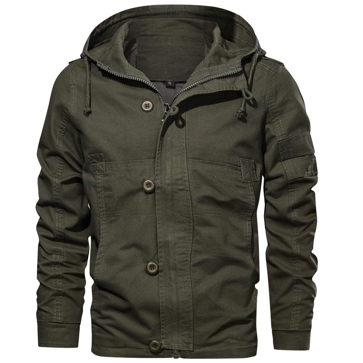 Men's olive hooded field jacket regular fit button front closure with flap pockets