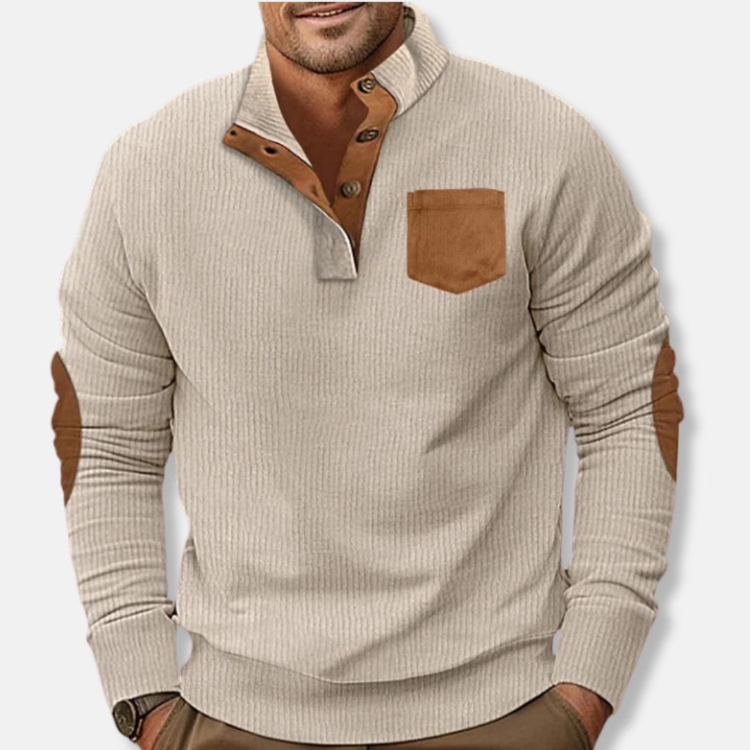 Men's ribbed knit sweatshirt stand collar with contrast elbow patches, casual everyday style
