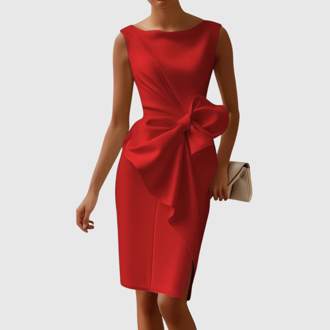 Eloise | Women's Boat Neck Sleeveless Midi Dress with Bow Detail