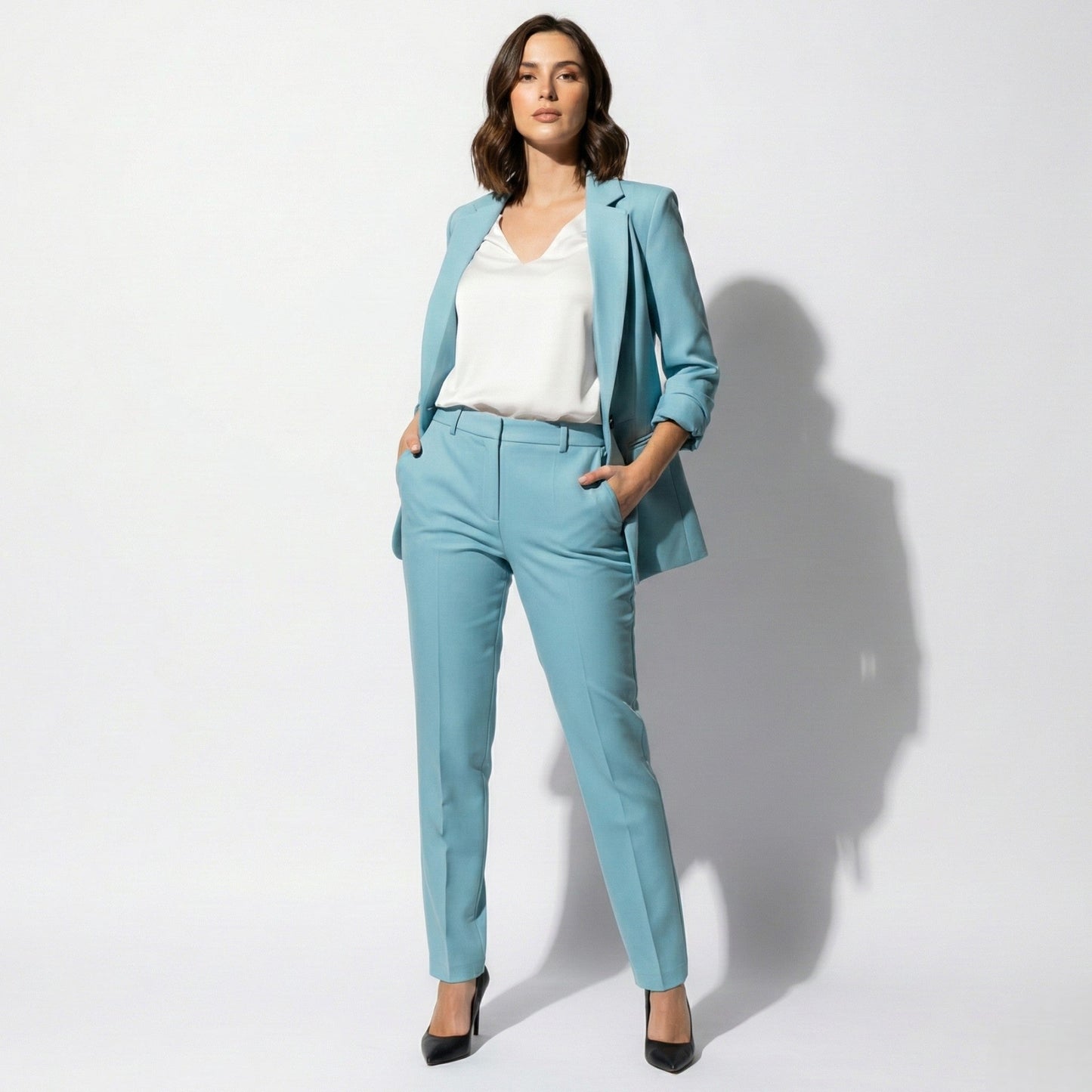 Women's soft cotton blazer and trouser set in classic cut, elegant two-piece for work and weekend
