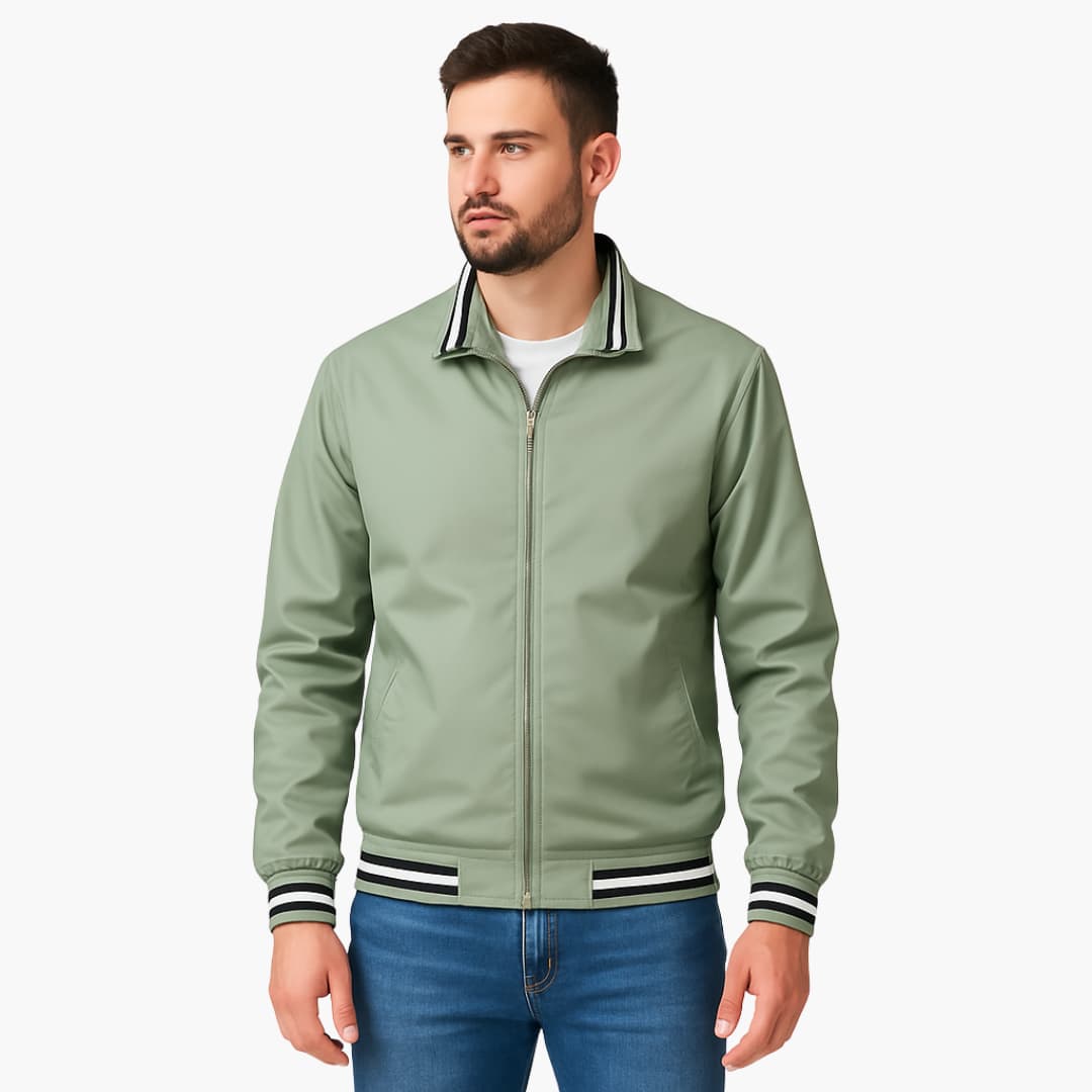 Men's bomber jacket with striped ribbed hem, stand-up collar, full-zip closure, casual versatile fit
