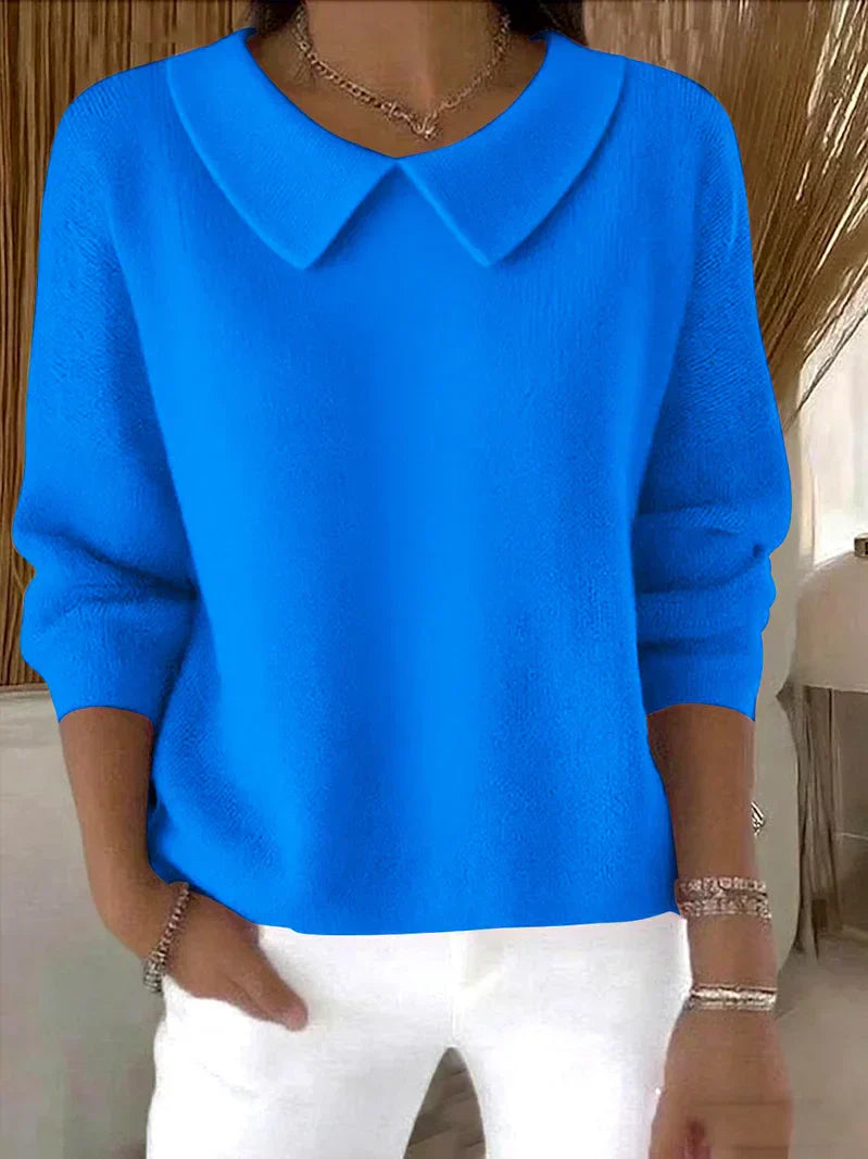 Ivory collared knit sweater with pointed collar straight silhouette midweight soft texture casual layering