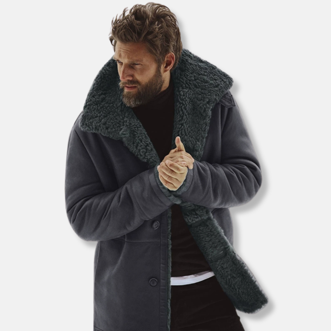 Men's relaxed fit mid-thigh wool coat with luxurious shearling collar in classic winter tones