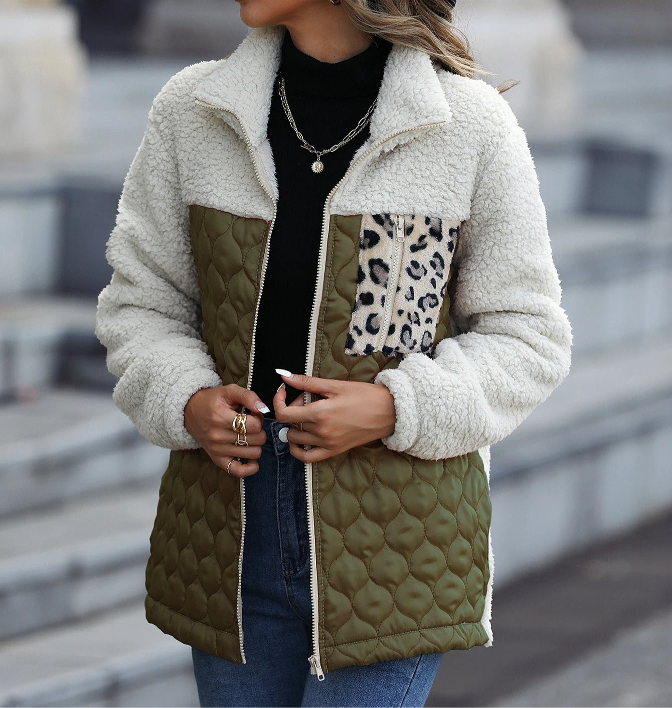 Women's black quilted sherpa jacket with leopard print zip pocket and satin panels stand collar