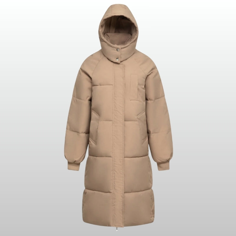 Women's long puffer jacket water-repellent fleece-lined pockets flattering winter silhouette