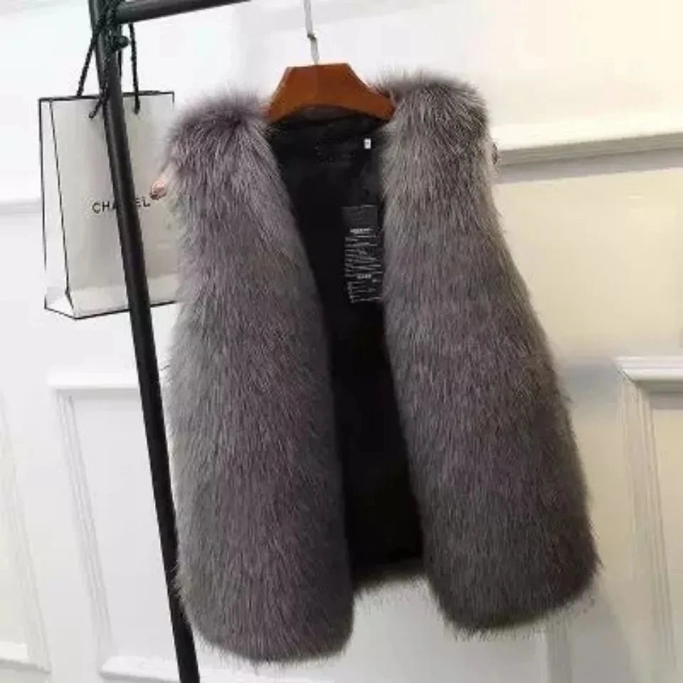 Women's plush faux fox fur gilet vest with soft lining, luxurious layering piece for effortless style