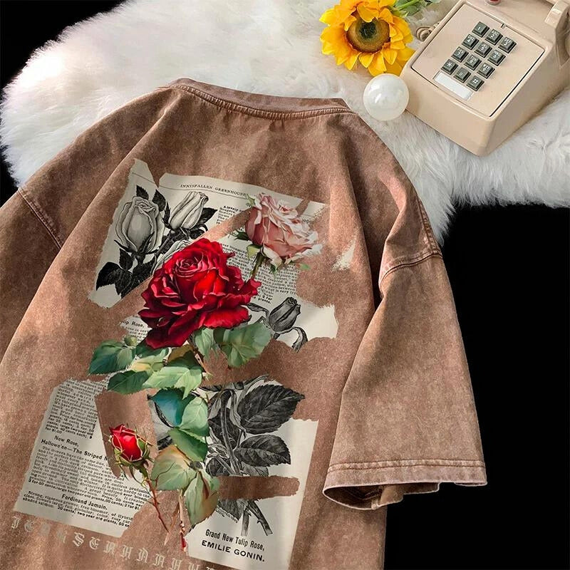 Rose washed oversized streetwear tee with vintage rose artwork and relaxed dropped shoulder fit
