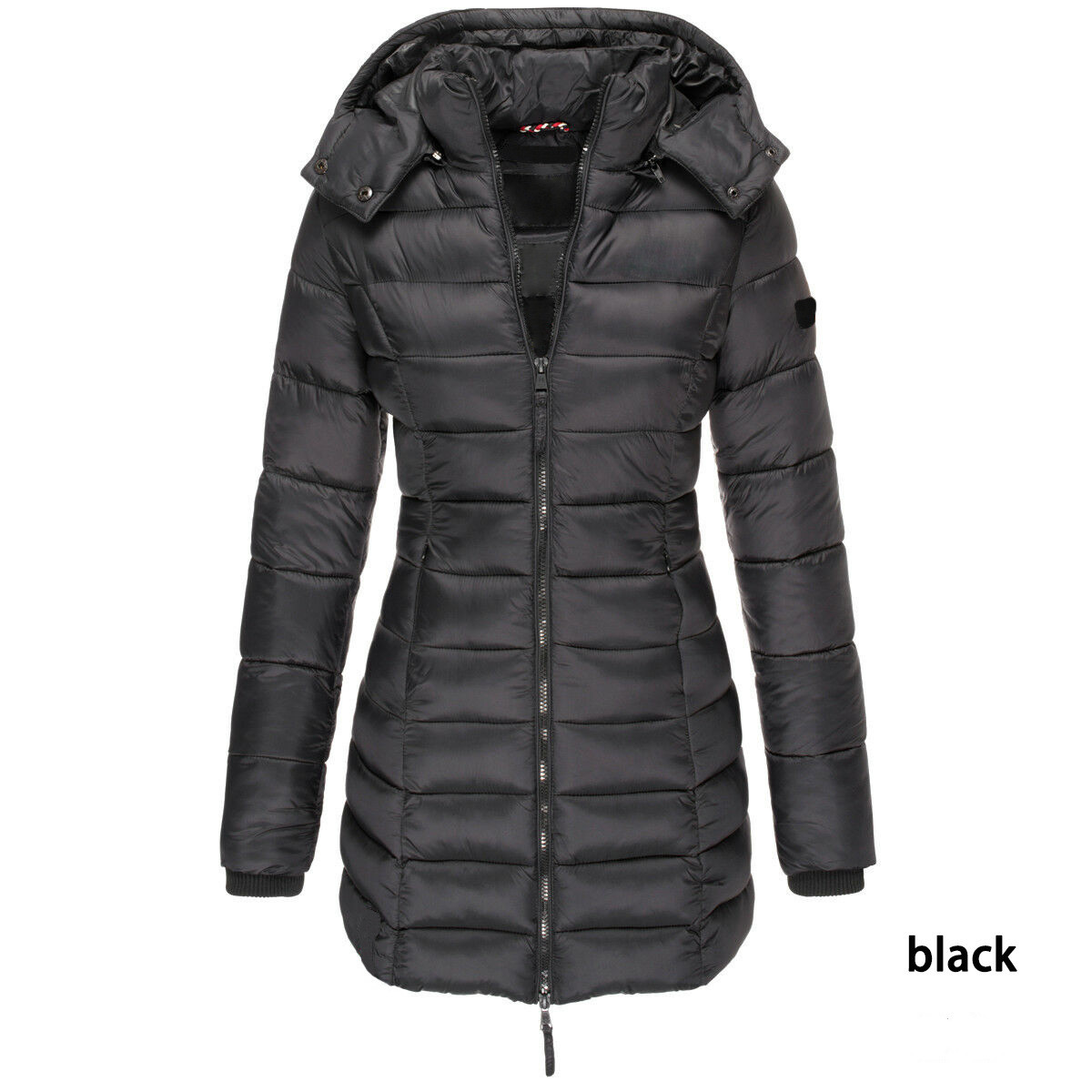 Unisex long quilted puffer jacket with hood, lightweight insulation, streamlined fit for cold weather